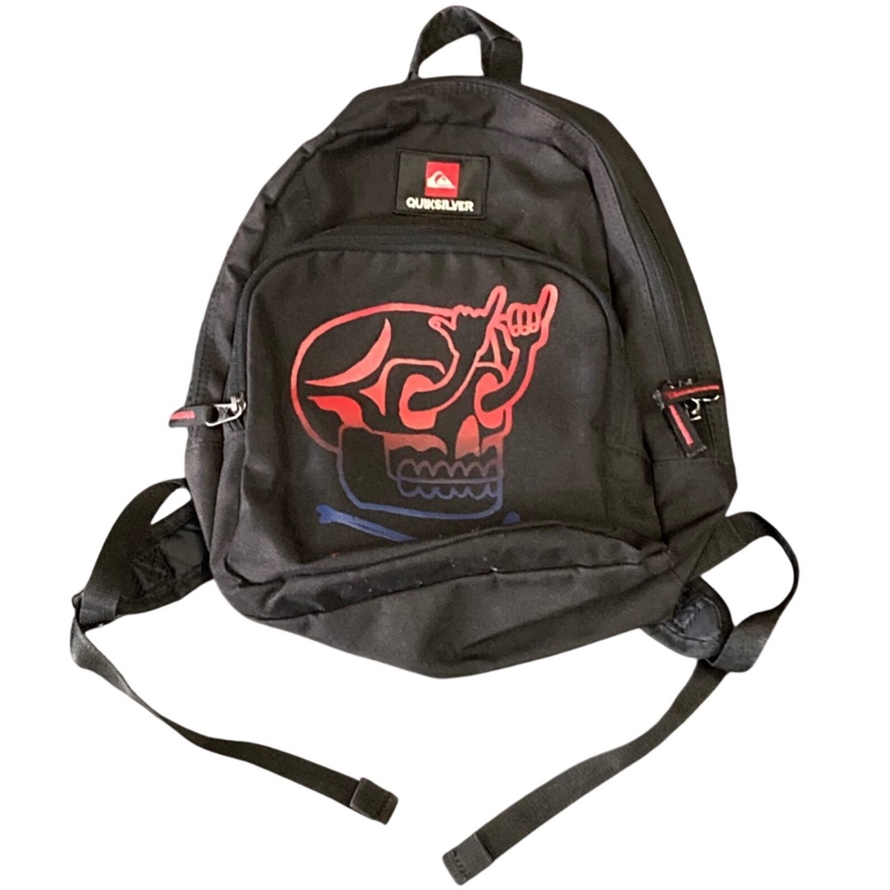 Quiksilver Mini Backpack Black Canvas Skull Graphic Skate Surf Bag Small